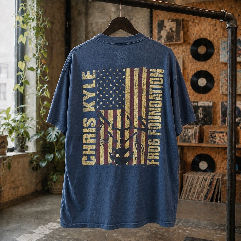 Chris Kyle Frog Foundation Navy Blue Graphic T-Shirt Mens‎ Large L American Flag